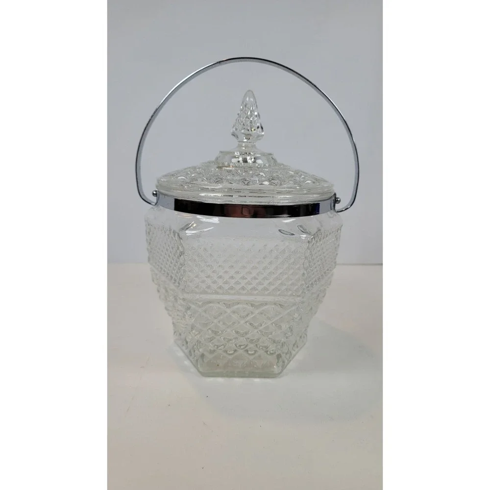 Vintage Anchor Hocking Wexford Ice Bucket  w/Lid & Chrome Handle Cut Glass